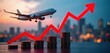 © Oleksandr - Airplane flies over stacked coins and red graph showing rising costs. City skyline blurs in background. Indicates increased travel expenses and financial impact.