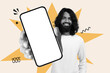 © Prostock-studio - A man with long hair shows a smartphone in his hand while smiling. The background features bright shapes and colors. He appears engaged in a modern design setting, likely for a project.