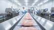 © ViskBx - Industrial food processing plant with workers packaging raw chicken breast fillets on a conveyor belt in a sterile clean room environment