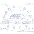 © Anisha - Sustainable house features renewable energy icons and modern green technologies now.