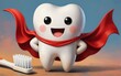 © joeycheung - Super tooth with red cape stands proudly beside a toothbrush smiling