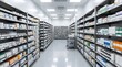 © A5 - Modern pharmaceutical warehouse interior with organized metal shelving units filled with various medication boxes, medical supplies, and vials in a clean sterile environment.