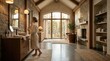 © ida - Relaxing morning wellness routine: woman in bathrobe applying skincare in a luxurious rustic spa-style bathroom with stone walls and forest window view
