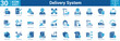 © Jackcuan - Delivery System editable icon set vector illustration containing business with icon of Delivery Process, Delivery Status, Package Delivery, Cargo Tracking, Cargo Management, Cargo Handling, Cargo.