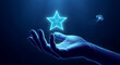 © Color Zen - Glowing neon star floating above an open human hand in a deep blue underwater environment with a small bioluminescent jellyfish drifting in the dark background