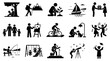 © Vectscape - Set of black and white vector icons representing diverse human activities lifestyle hobbies and everyday life moments in a simple minimalist flat style