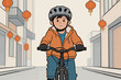 © hakule - Child rides bicycle on empty street with lanterns hanging at dusk in a city