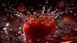 © khopidd232 - Ripe red tomato splashing into water creating dynamic droplets and spray against a dark moody background