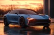 © Rgrd - sleek blue electric sports coupe with glowing angular led headlights parked on wet reflective pavement at sunset, exuding elegance and quiet power