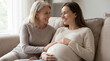 © Morrina - Mother's Day pregnant daughter expectant mom grandmother relaxing together celebrating motherhood love support family bond generational warmth comfort hope joy background