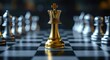 © Jdgkxbnc - Golden king chess piece standing at the center of a reflective black and white chessboard surrounded by blurred silver pieces, evoking power, triumph, and regal confidence