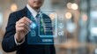 © tu - Professional male executive interacting with digital interface showing compliance checklist, corporate governance rules, legal agreement clauses, and business strategic standard procedures.
