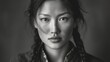© Olsek - Stunning portrait of a young woman with braids showcasing strong emotions and cultural richness in a striking black and white style for artistic inspiration. Generative AI