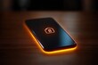 © tiger - sleek smartphone resting on wooden table with glowing orange underlight and illuminated home padlock icon, conveying a secure and alert mood