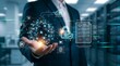 © tu - Professional businessman interacting with advanced digital network data connection technology representing global communication innovative cloud storage backup and high security information protection