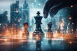 © zhuan - Hand moving a king chess piece between pawns on a reflective chessboard with glowing digital network and city skyline, evoking strategic power and tense decision-making