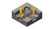 © Re - Isometric illustration of a casting mold with a cross-shaped metal part inside, ready for production.