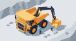 © Re - Isometric illustration of a giant mining dump truck being loaded by an excavator with workers.