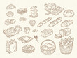 © Irina Khovanskaya - Bakery products line art doodle vector set featuring bread, baguette, loaf, croissants, cinnamon rolls, muffins, cupcakes, donuts, cookies, tart and pie in outline style