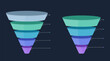 © PixMarket - Two sales funnel diagrams with four and five elements for marketing conversion visualization, dark background