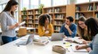 © Pixim Stock - Diverse group of students collaborating and studying together at a large table in a library, engaging in discussion and learning.