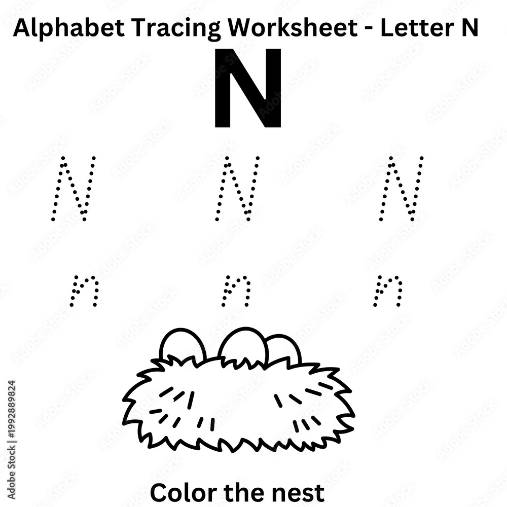 Cute Nest Coloring Page for Kids, Letter N Alphabet Tracing Worksheet ...