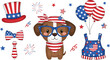 © Sajjat - Cute patriotic dog with USA themed accessories set including hat glasses balloons and outfit for Independence Day vector illustration