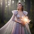 © Samsu - Enchanting Fairy Queen in Ethereal Gown Holding Glowing Lotus in Mystical Forest.