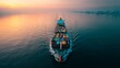 © Plaifah - Container ship navigating calm waters at sunset with colorful cargo and a serene horizon, symbolizing global trade and maritime logistics