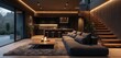 © miss irine - Modern open-plan home with sleek kitchen and cozy living area. Large windows offer garden view. Floating stairs lead upstairs. Warm ambient lighting creates atmosphere.