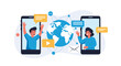 © Gazi - Man and woman connect via video call on mobile smartphones with a globe and communication icons between them representing global reach.