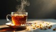 © miss irine - Transparent cup holds hot herbal tea with floating flower petals. Steam rises from the warm drink. Scattered blossoms lie on the saucer and table. Peaceful morning refreshment.