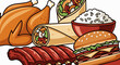 © eh - Assorted delicious fast food items including a roasted chicken, burritos, rice, ribs, and a burger