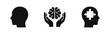 © Lili - Vector icon set for mental health, psychology, and brain care, including human head profile, hands cradling a brain, and puzzle piece in mind.
