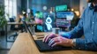 © Masque - Man using a laptop computer to ask questions to an AI agent chat service at his desk.