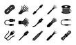 © Lima - Electrical cable icons set, black wire and connector vector symbols, 15 industrial power cord and data plug silhouettes for technical diagrams