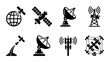 © Mahfuz - Satellite and telecommunication icons set, 8 black vector symbols of space technology, wireless signal towers and parabolic antennas for global networking