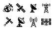 © Sanjida - Satellite and telecommunication icons set, black silhouette space technology symbols, 8 vector elements for global network and radio signal transmission