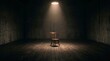© MR BAT - Solitary wooden chair illuminated by a single spotlight in a dark textured room with concrete walls and wooden floor conveying isolation contemplation and emptiness
