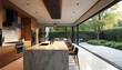 © Vadym - Modern open plan kitchen connects to outdoor patio. Marble island features seating. Large windows show lush green garden views. Sleek design blends indoor outdoor living.