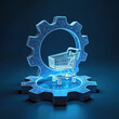 © Vadym - Shopping cart symbol integrated into glowing blue gear mechanism representing online retail processes and automated commerce systems. Future of digital buying and selling.