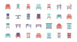 © Dena - A flat style icon system featuring a multi-theme collection of scalable furniture illustrations in various colors against a white background.