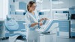 © DSimage - Female dentist using modern dental equipment in bright clinic interior, with copy space for healthcare advertising and dental practice marketing concepts.