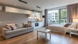 © DSimage - Modern studio apartment interior with cozy sofa, bed, and kitchen in open plan layout, large window with city view and warm natural light.