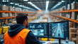 © Vadym - Man in safety vest tracks stock movements on computer screens. Warehouse operations display orders and inventory on monitors. Logistics manager uses tech for supply chain control.