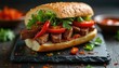 © Vadym - Vietnamese banh mi sandwich on with meat, tomatoes, chili, herbs. Savory street food meal on dark slate board, rustic wood background. Closeup shot.