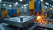 © Vadym - Close-up of industrial steel injection mold. Metal casting tool sits on factory floor. Machine sparks fly in background. Precision engineering for plastic production.