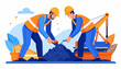 © Penguin Daily - Two industrious construction workers diligently collaborate on a building site, using shovels to dig earth and operate heavy machinery for essential groundwork and project development