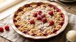 © Svitlana - Freshly baked raspberry crumble with golden topping and berries, homemade dessert close up, rustic pastry texture, warm bakery styling, appetizing natural light, no logos