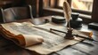 © KKO - Medieval parchment manuscript on wooden table with feather quill and inkwell, soft window light.